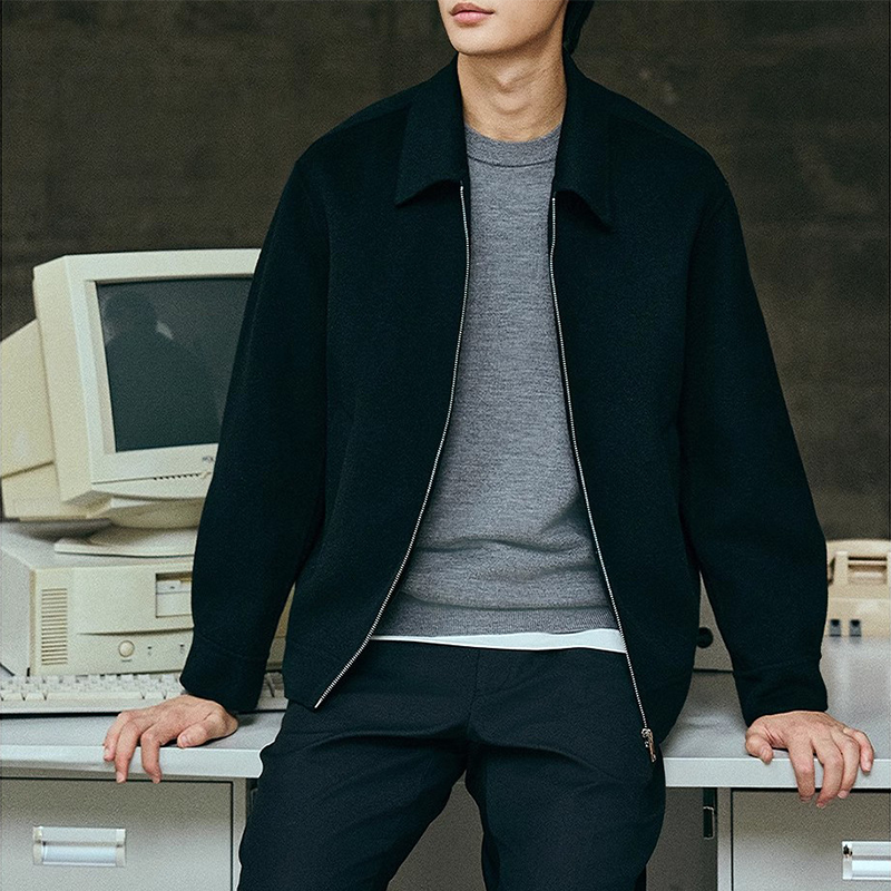 Men's Executive Wool Bomber, Zipper Front Notch Lapel Coat, Short Style Business Casual Winter Jacket