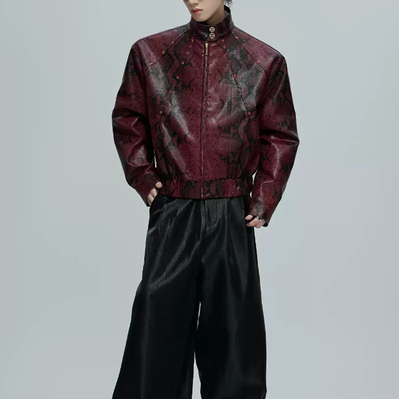 New Men's Python Texture Leather Jacket, Red Gem Studded Stand Collar Punk Coat