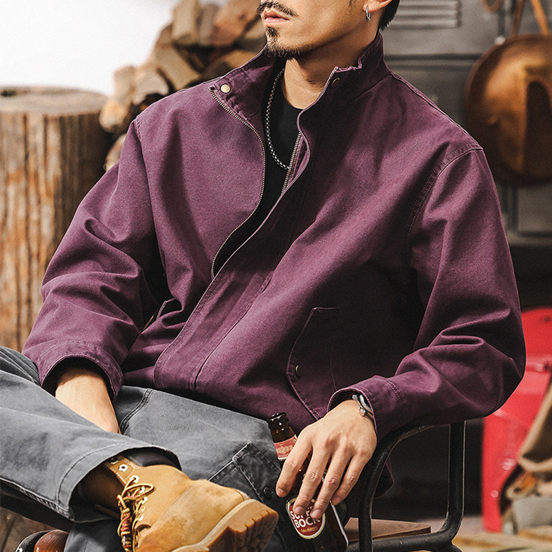 Men's Vintage Casual Cotton Workwear Jacket, Military Green & Purple Bomber Jacket, Amekaji Style Short Casual Coat