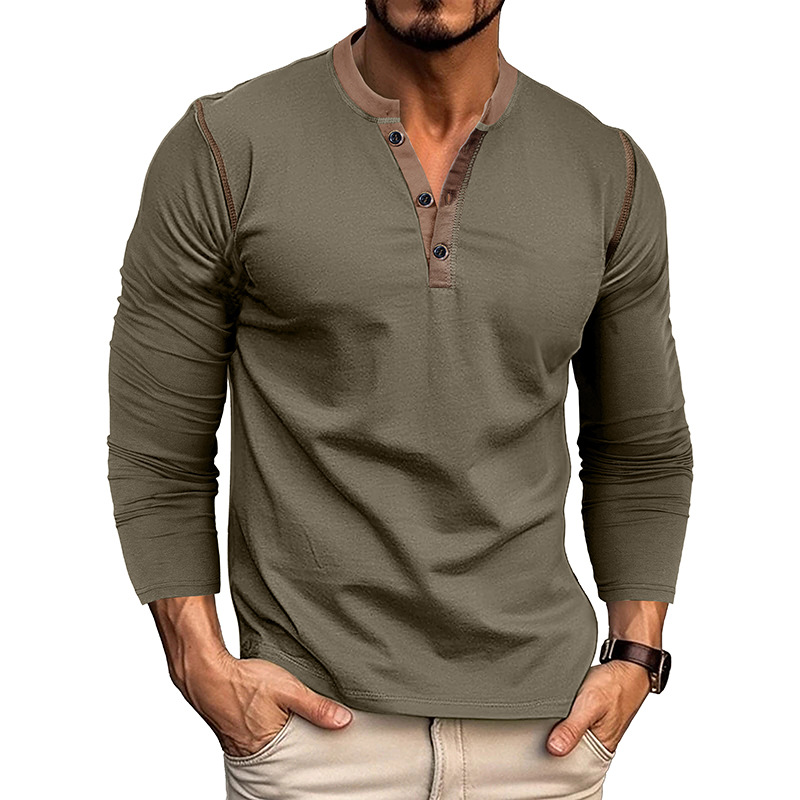 Vintage American Crewneck Henley Shirt  3-Button Retro Stretch Cotton Blend Top  Classic Casual Long Sleeve for Men
