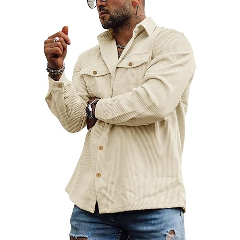 2025 Men's Corduroy Button Shirt Jacket Retro Striped Workwear Double Pocket Utility Design