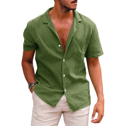 Men's Linen Cotton Short Sleeve Camp Shirt, Breathable Vacation Style Open Collar Button Shirt, Summer Essential