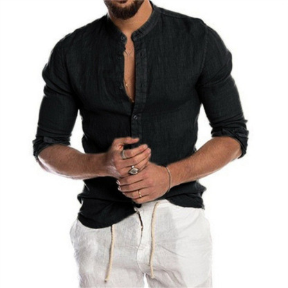 Men's New Arrival V-Neck Cotton Linen Cardigan-Style Stand Collar Long Sleeve Shirt