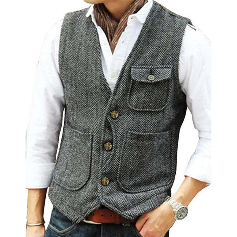 Men’s V-neck Single-breasted Tweed Vest