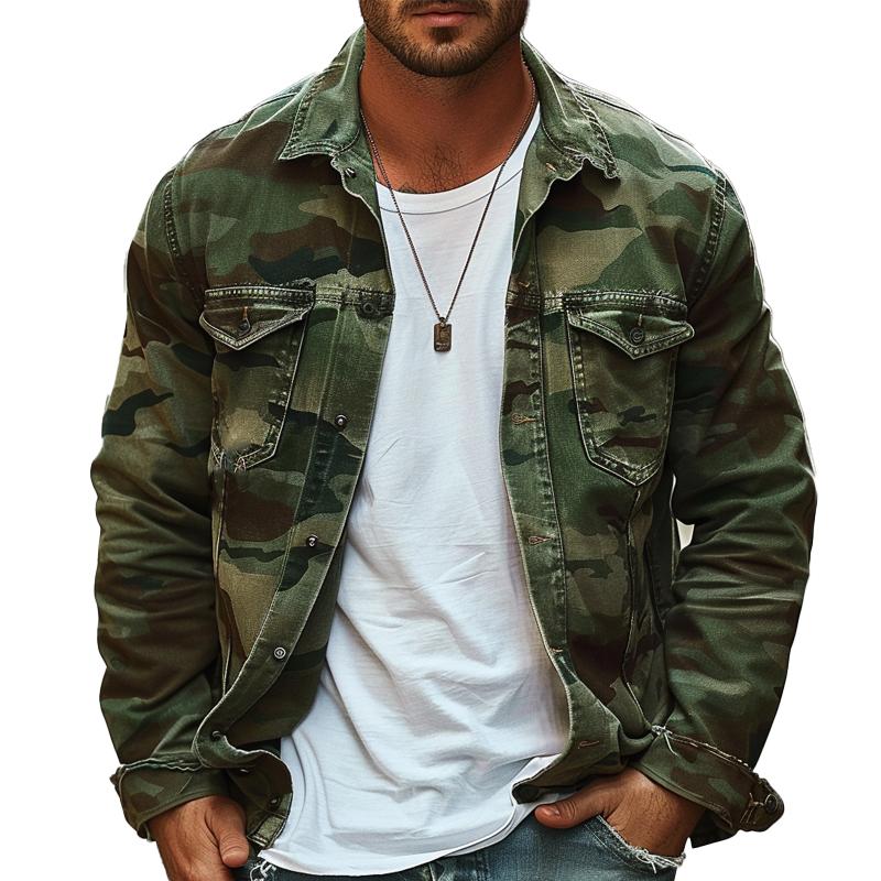 MEN'S CAMOUFLAGE CANVAS RETRO WEAR LAPEL JACKET