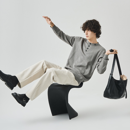 Men's Old Money Style Henley Knit Shirt, Casual Fall Pullover, Machine Washable Pullover