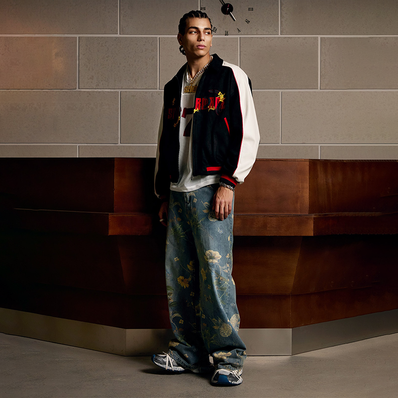 Men's Vintage All-Over Floral Print Washed Jeans, Casual Streetwear Wide Leg Denim Pants