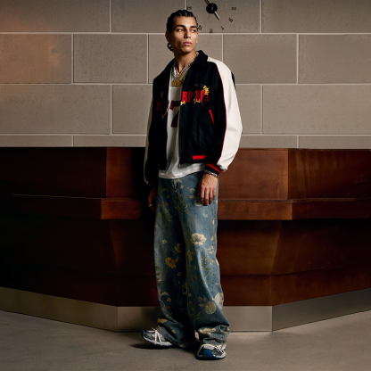 Men's Vintage All-Over Floral Print Washed Jeans, Casual Streetwear Wide Leg Denim Pants