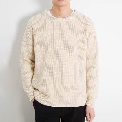 Men's Modal Crewneck Knit Sweater, 900G Heavyweight Relaxed Fit Knit, Thick and Durable, Casual Pullover