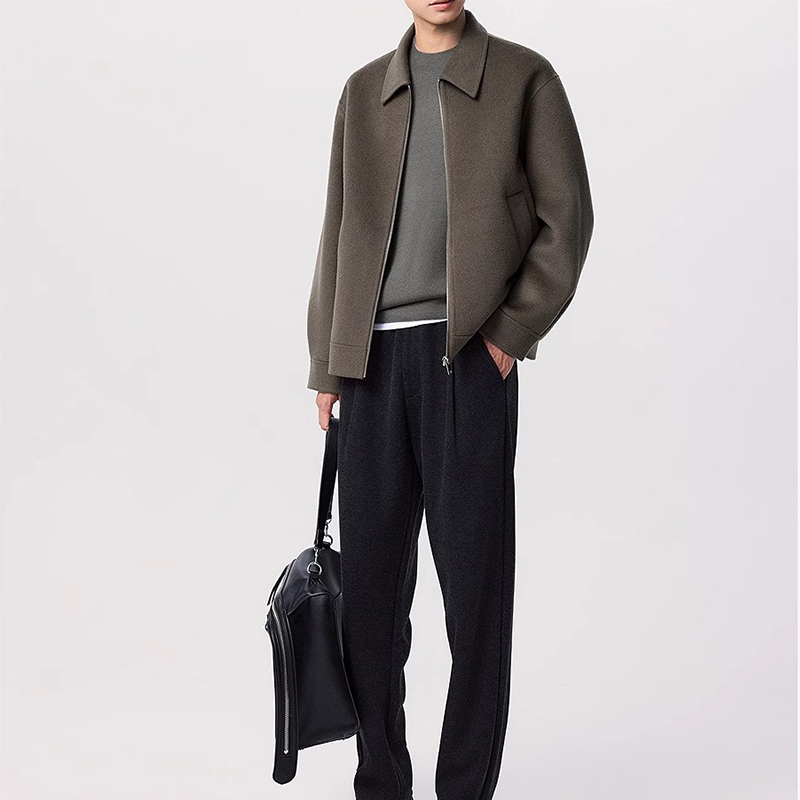 Men's Executive Wool Bomber, Zipper Front Notch Lapel Coat, Short Style Business Casual Winter Jacket