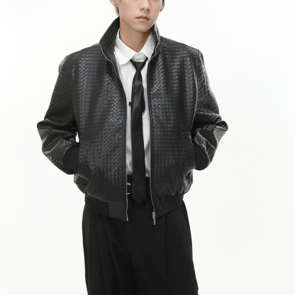 Men's Vintage Biker Short PU Leather Jacket, Unique Diamond Woven Texture Stand Collar Coat