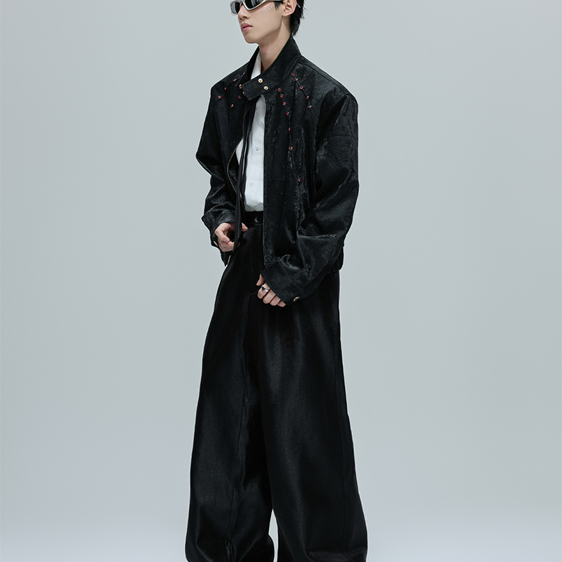 New Men's Python Texture Leather Jacket, Red Gem Studded Stand Collar Punk Coat