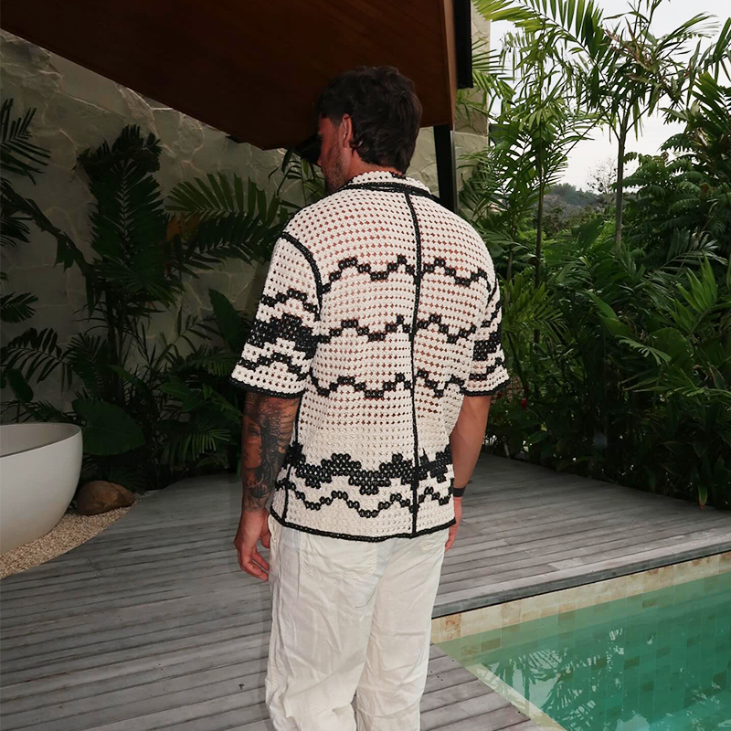Men's Crochet Black & White Contrast Shirt, Bohemian Beach Shirt, Fashionable Y2K Hollow Top