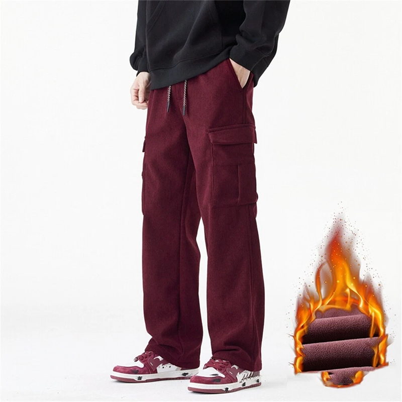 Men's Heavyweight Retro Corduroy Cargo Pants, Fall and Winter Warm Casual Men's Trousers, Fleece Lined, Winter Warm Wide Leg Relaxed Fit Workwear Trousers