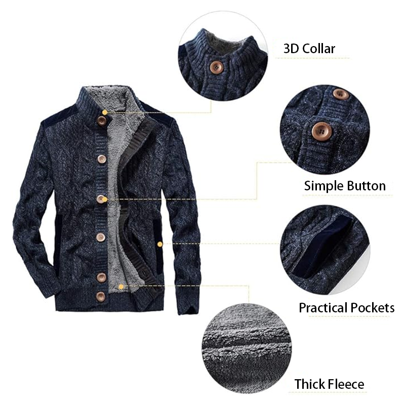 Men's Winter Warm Thick Cotton Plush Sweater Jacket, Thick & Plush Cable Knit Pullover with Stand Collar, Single Breasted Cardigan Casual Sweater Knitwear