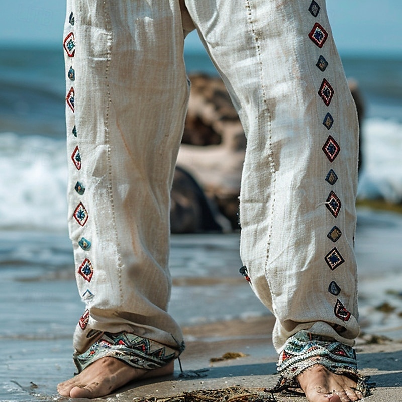 Men's Summer Retro Print Linen Pants Beach Pants, Straight Breathable Casual Travel Vacation