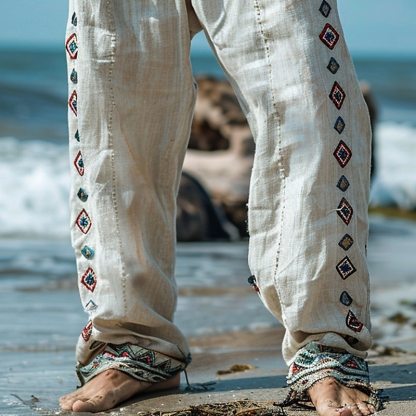 Men's Summer Retro Print Linen Pants Beach Pants, Straight Breathable Casual Travel Vacation