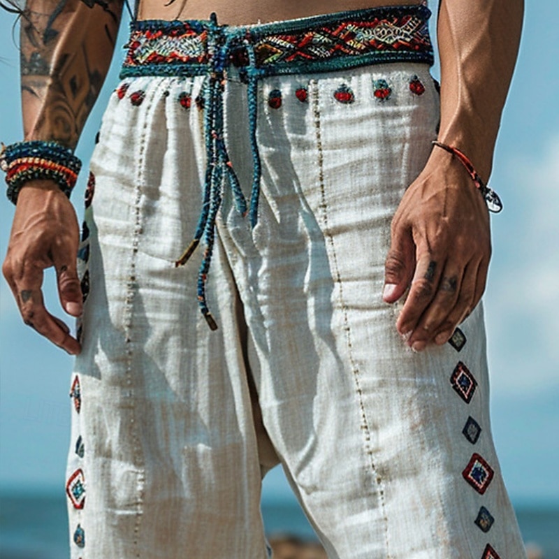 Men's Summer Retro Print Linen Pants Beach Pants, Straight Breathable Casual Travel Vacation