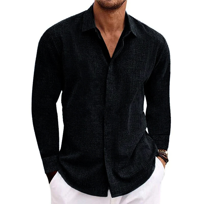 Men's Casual Loose Solid Color Cotton Linen Long Sleeve Shirt