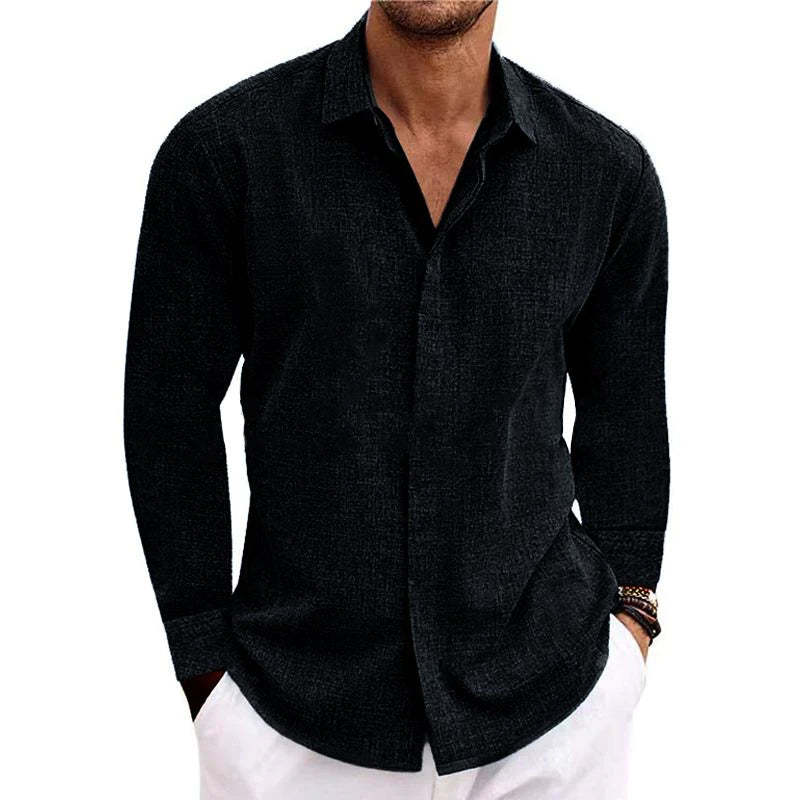 Men's Casual Loose Solid Color Cotton Linen Long Sleeve Shirt