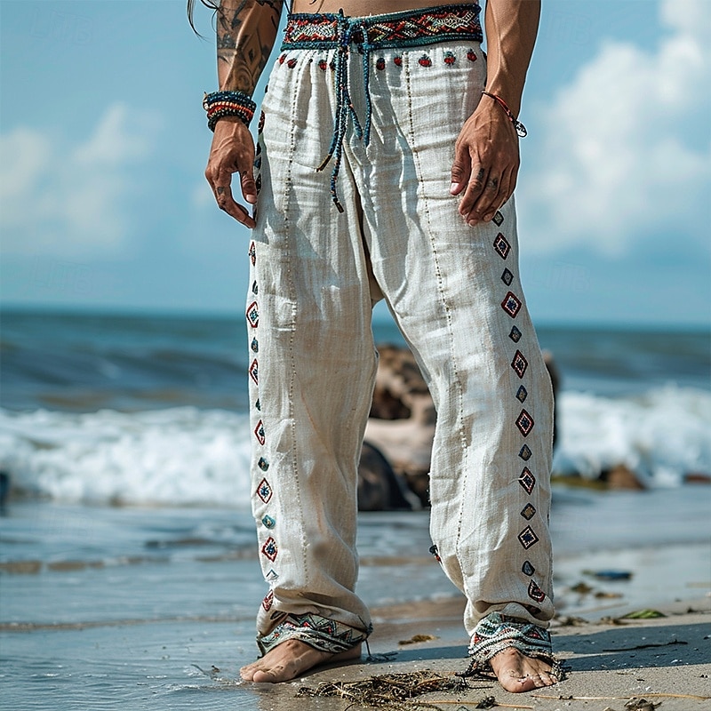 Men's Summer Retro Print Linen Pants Beach Pants, Straight Breathable Casual Travel Vacation