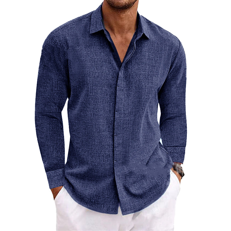 Men's Casual Loose Solid Color Cotton Linen Long Sleeve Shirt