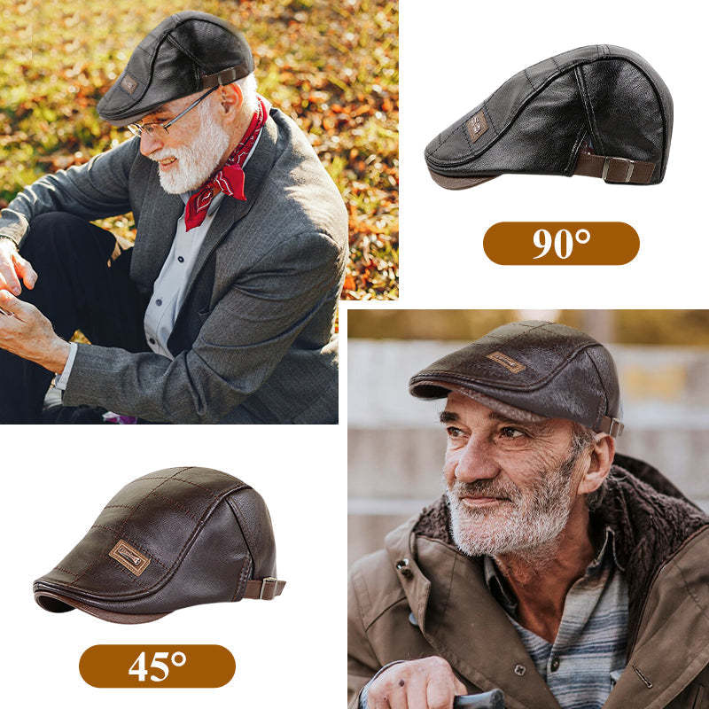 🔥Give The Elders A Warm Winter🍃Plush Leather Beret，Waterproof Cold-Weather Cap For Dad & Grandfather Gifts