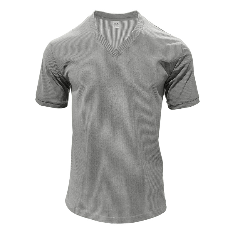 Men's Slim Fit Ribbed V-Neck Tee - Solid Breathable Summer Casual Shirt