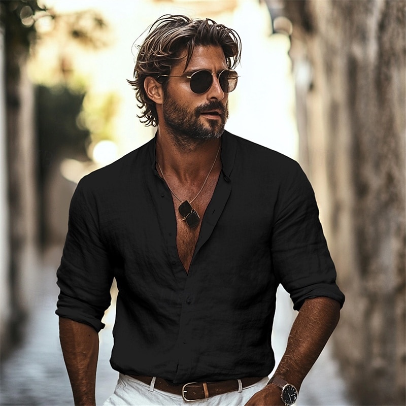 Men's Premium Stand Collar Shirt, Lightweight Long Sleeve Casual Summer Beachwear For Vacation & Daily Wear