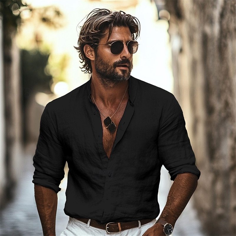 Men's Premium Stand Collar Shirt, Lightweight Long Sleeve Casual Summer Beachwear For Vacation & Daily Wear