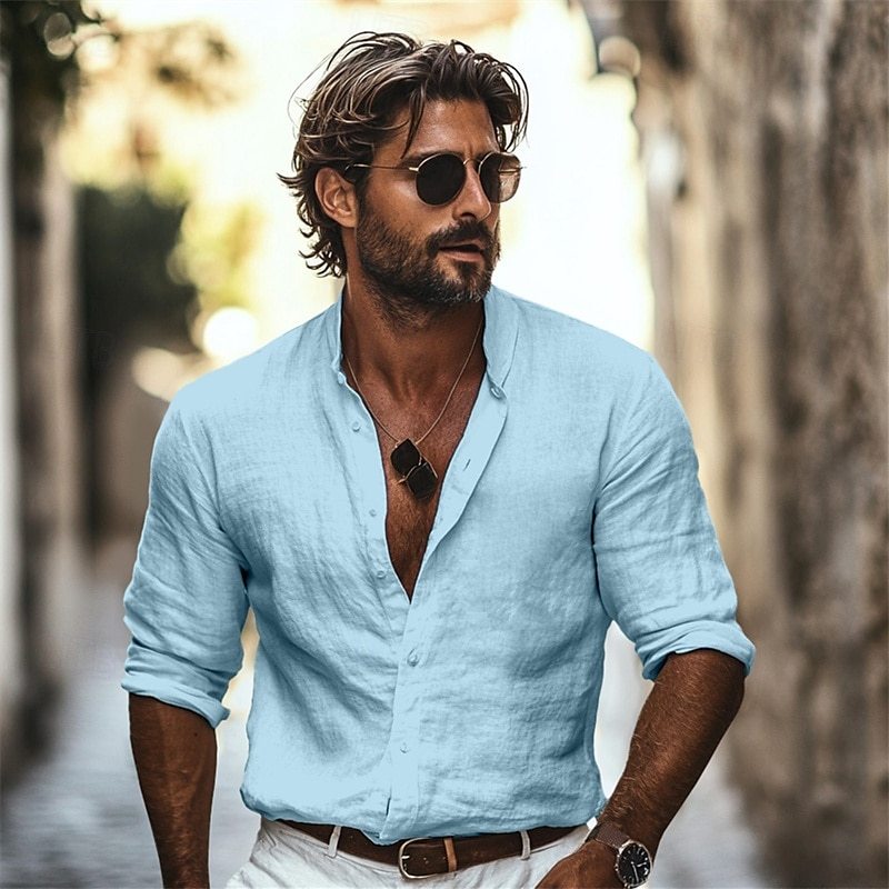 Men's Premium Stand Collar Shirt, Lightweight Long Sleeve Casual Summer Beachwear For Vacation & Daily Wear