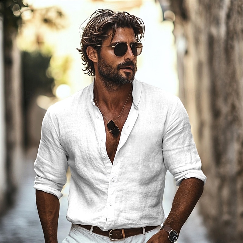 Men's Premium Stand Collar Shirt, Lightweight Long Sleeve Casual Summer Beachwear For Vacation & Daily Wear