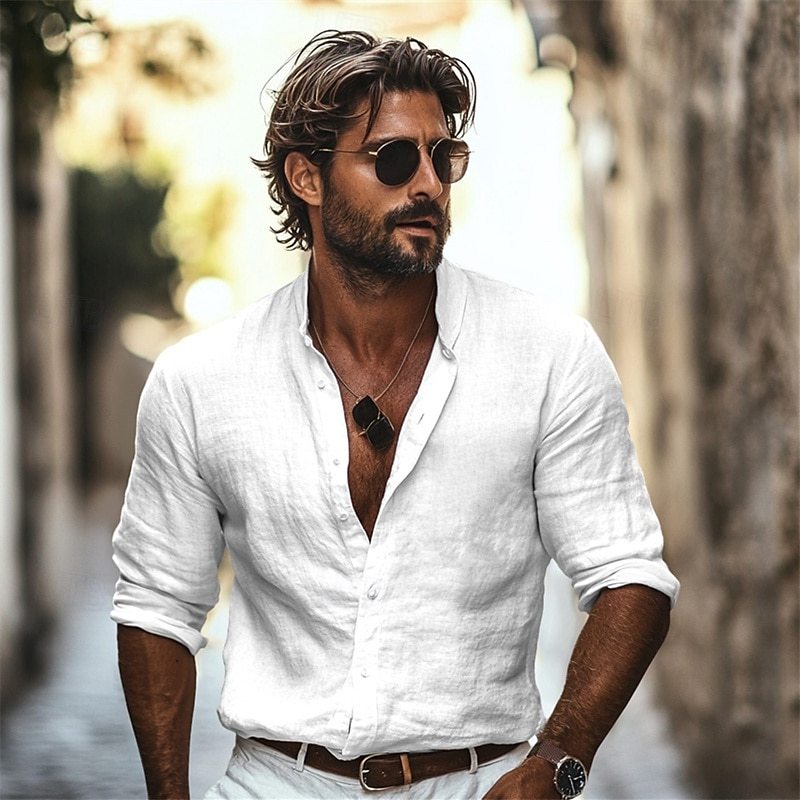 Men's Premium Stand Collar Shirt, Lightweight Long Sleeve Casual Summer Beachwear For Vacation & Daily Wear