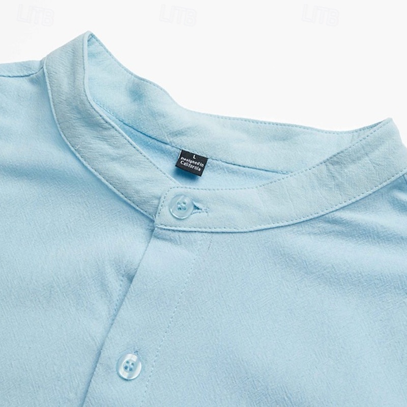 Men's Premium Stand Collar Shirt, Lightweight Long Sleeve Casual Summer Beachwear For Vacation & Daily Wear