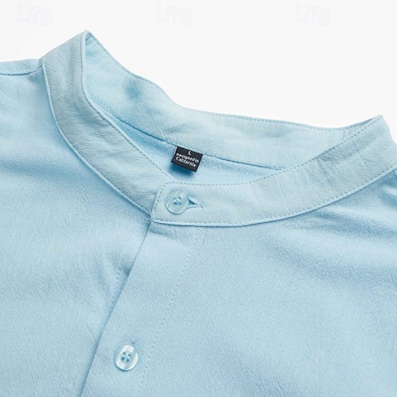 Men's Premium Stand Collar Shirt, Lightweight Long Sleeve Casual Summer Beachwear For Vacation & Daily Wear