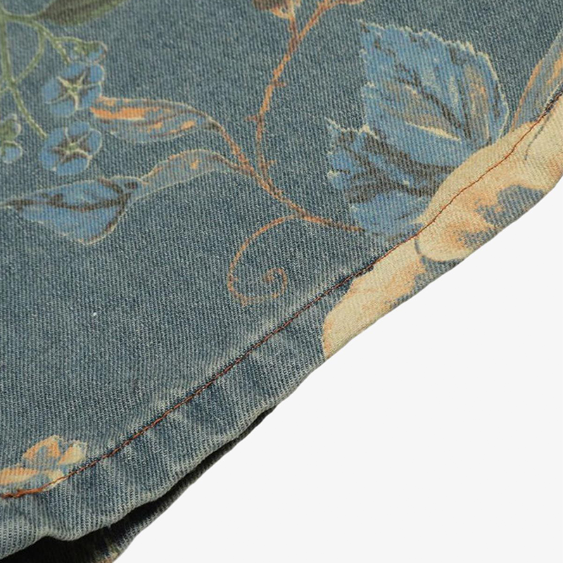 Men's Vintage All-Over Floral Print Washed Jeans, Casual Streetwear Wide Leg Denim Pants