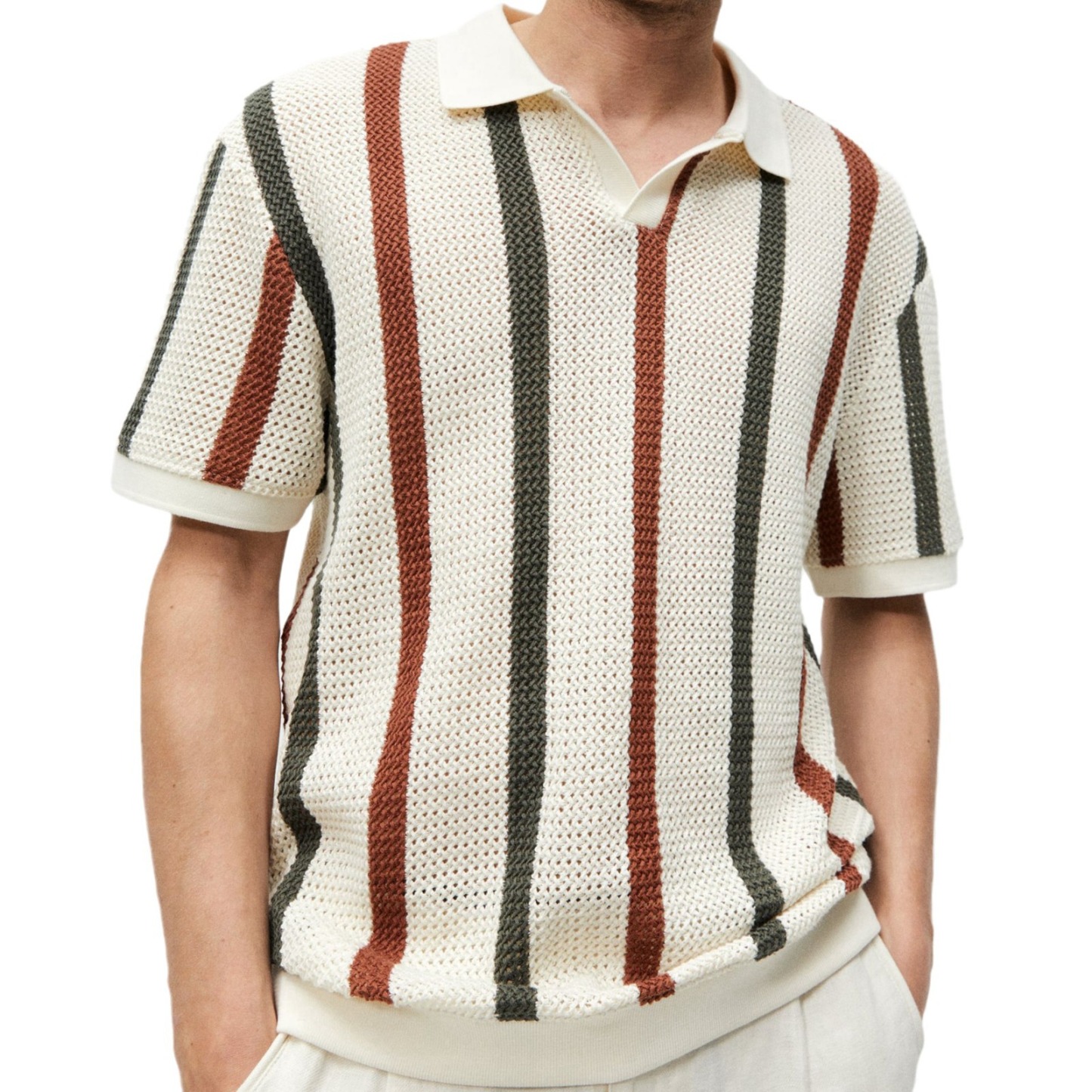 Stylish casual striped knitted short-sleeved polo shirt