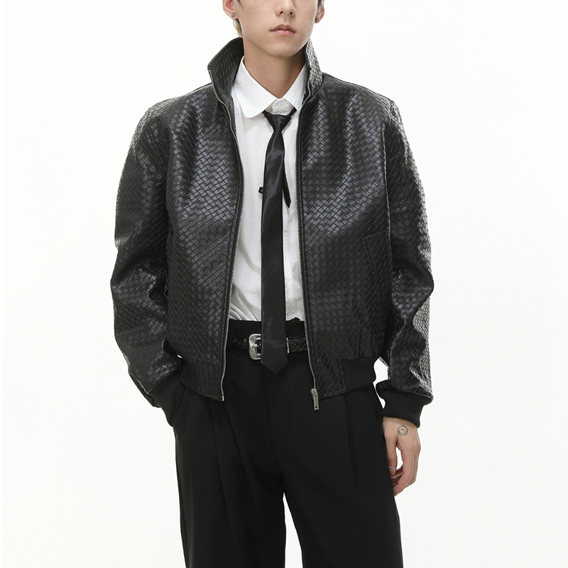 Men's Vintage Biker Short PU Leather Jacket, Unique Diamond Woven Texture Stand Collar Coat