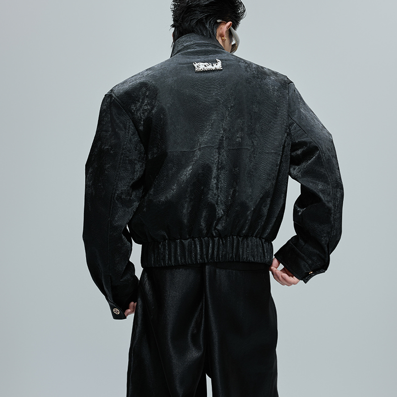 New Men's Python Texture Leather Jacket, Red Gem Studded Stand Collar Punk Coat