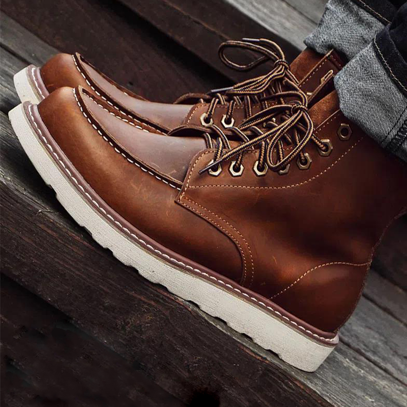 Vintage Timberland-Inspired Men's Work Boots Waterproof Leather Outdoor Hiking Boots Durable American Style Combat Boots