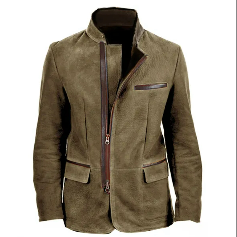 Men Vintage Stand Collar Suede Blazer Side Zip Fly Contrast Leather Webbing Medium Length Jacket Coats