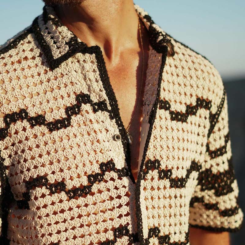 Men's Crochet Black & White Contrast Shirt, Bohemian Beach Shirt, Fashionable Y2K Hollow Top