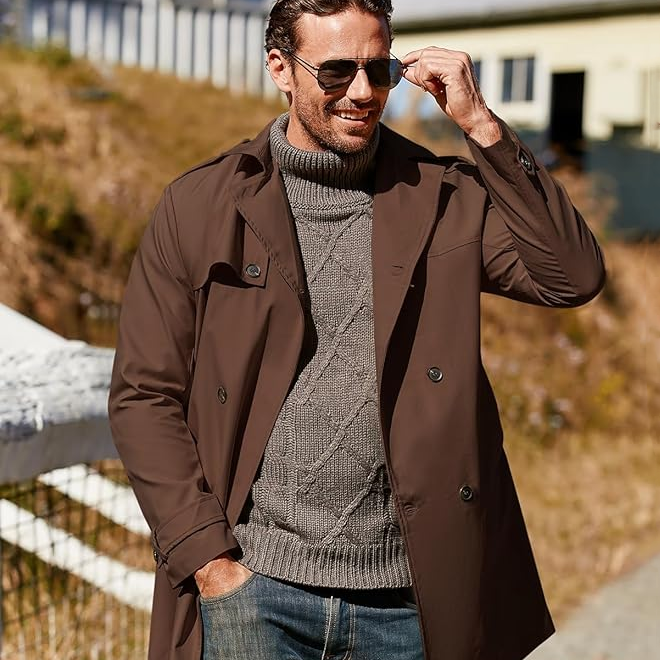 Men's Trench Coat Slim fit Double Breasted Belted Windbreaker Lapel Casual Windproof Overcoat