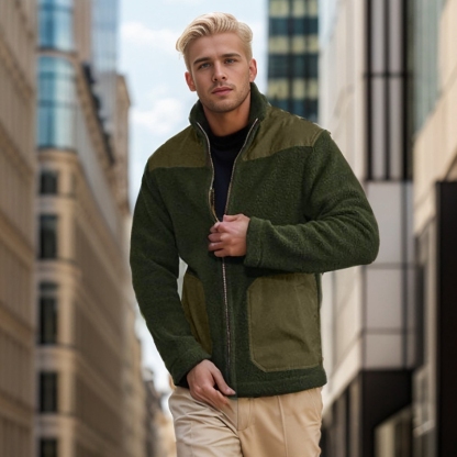 Mens Coat Fashion Patchwork Slim Fit Zip Jacket Fall Trendy Stand Collar Lightweight Warm Sport Coat with Pocket