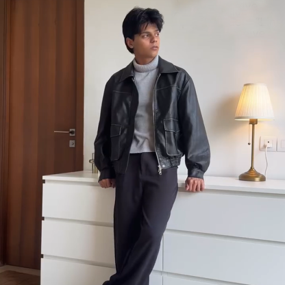 Men's Leather Bomber Jacket, Classic Relaxed-Fit Leather Biker Jacket  for Men, Distressed Retro Aviator Coat for Everyday Riding & Casual Wear