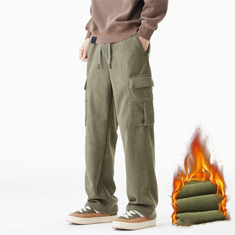Men's Heavyweight Retro Corduroy Cargo Pants, Fall and Winter Warm Casual Men's Trousers, Fleece Lined, Winter Warm Wide Leg Relaxed Fit Workwear Trousers