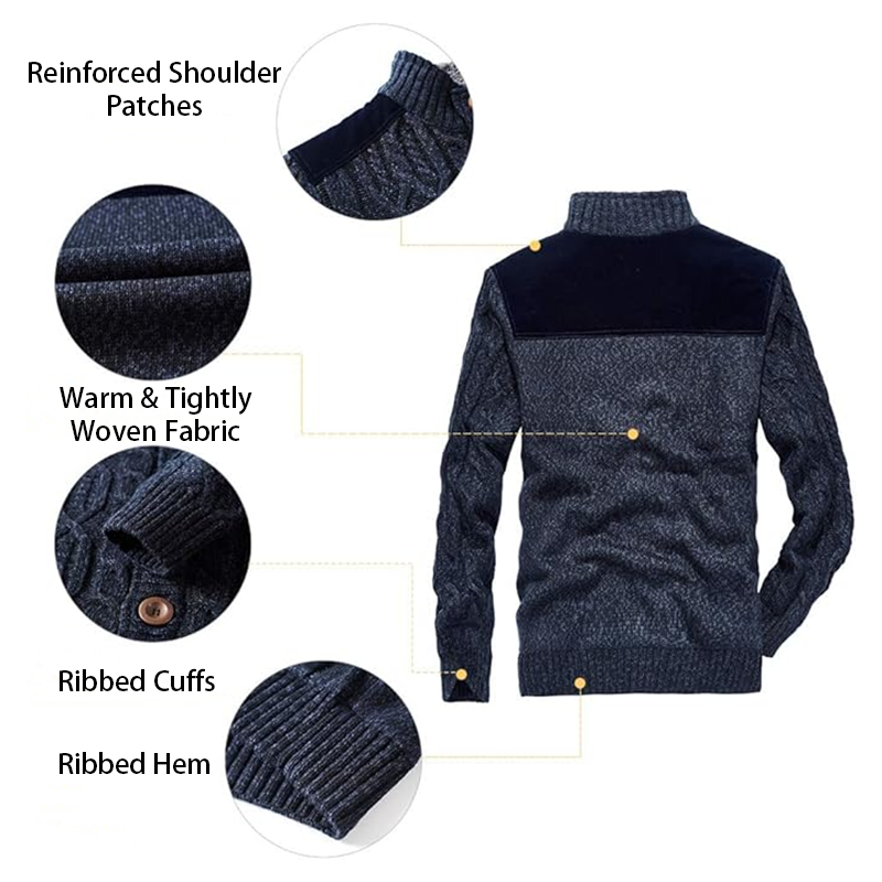 Men's Winter Warm Thick Cotton Plush Sweater Jacket, Thick & Plush Cable Knit Pullover with Stand Collar, Single Breasted Cardigan Casual Sweater Knitwear