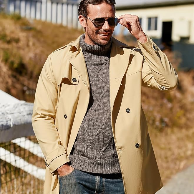 Men's Trench Coat Slim fit Double Breasted Belted Windbreaker Lapel Ca