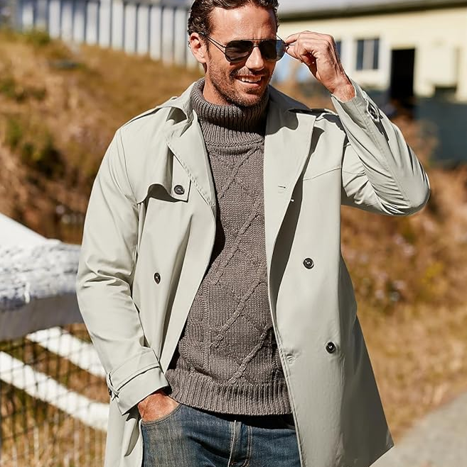 Men's Trench Coat Slim fit Double Breasted Belted Windbreaker Lapel Ca