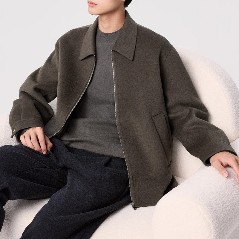 Men's Executive Wool Bomber, Zipper Front Notch Lapel Coat, Short Style Business Casual Winter Jacket